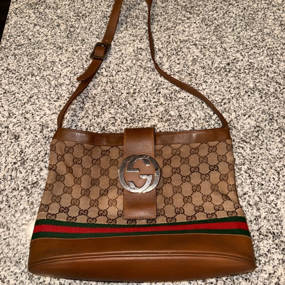 Gucci Handbags - Gucci Tan and Brown Logo Shoulder Bag